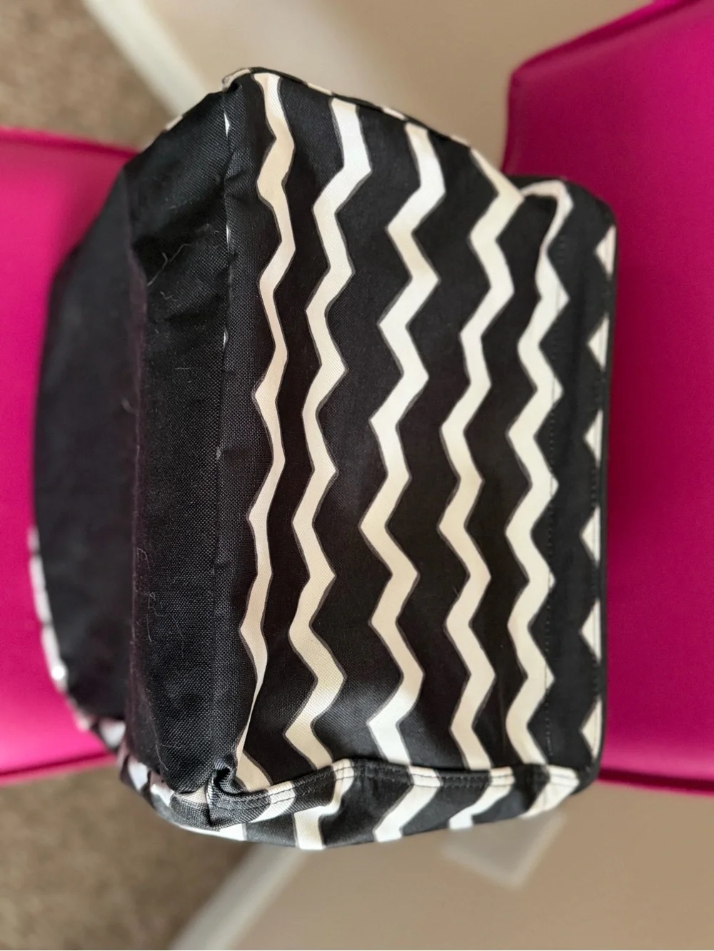 Thirty-One Square Utility Tote in black and white chevron